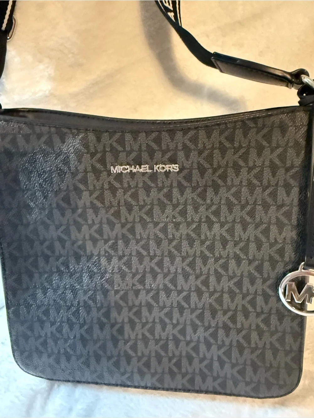 Michael Kors Black Logo Messenger Crossbody Bag with MK Charm and Guitar Strap